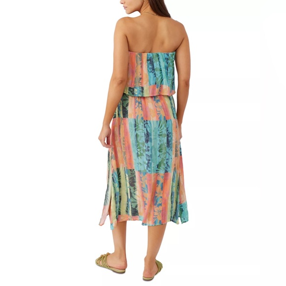 O'Neill Koia Multi Colored Tropical Strapless Off The Shoulder Midi Slit Dress - Picture 3 of 13